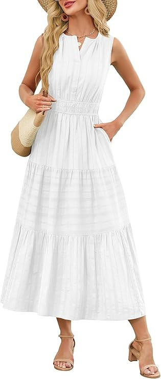 Summer Maxi Dresses for Women Casual Sleeveless V Neck Elastic Waist Midi Wedding Guest Beach Dre... | Amazon (US)
