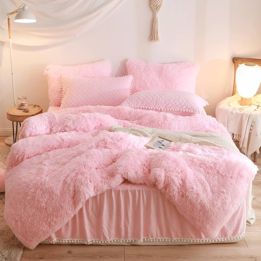Fluffy Pink Comforter Cover Twin Set, Fuzzy Pink Girls Twin Bedding Set 2 Pieces (1 Plush Duvet C... | Amazon (US)
