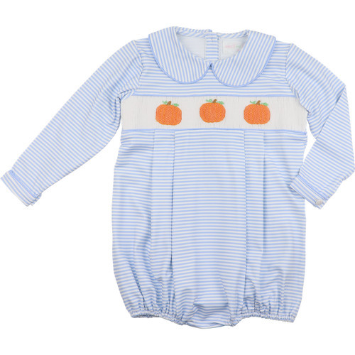 Blue Knit Stripe Smocked Pumpkin Bubble | Cecil and Lou