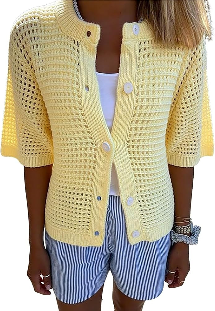 GORGLITTER Women's Crochet Button Up Cardigan Summer Outfits Lightweight Short Sleeve Knit Shirt ... | Amazon (US)