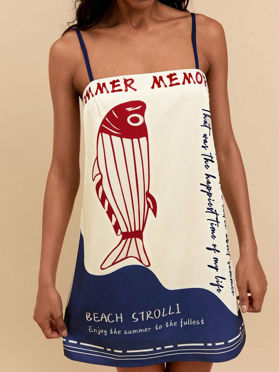 Travachic Women's Loose Strap Fish Pattern Vacation Dress, White Summer Casual Sexy Graphic Jamai... | SHEIN