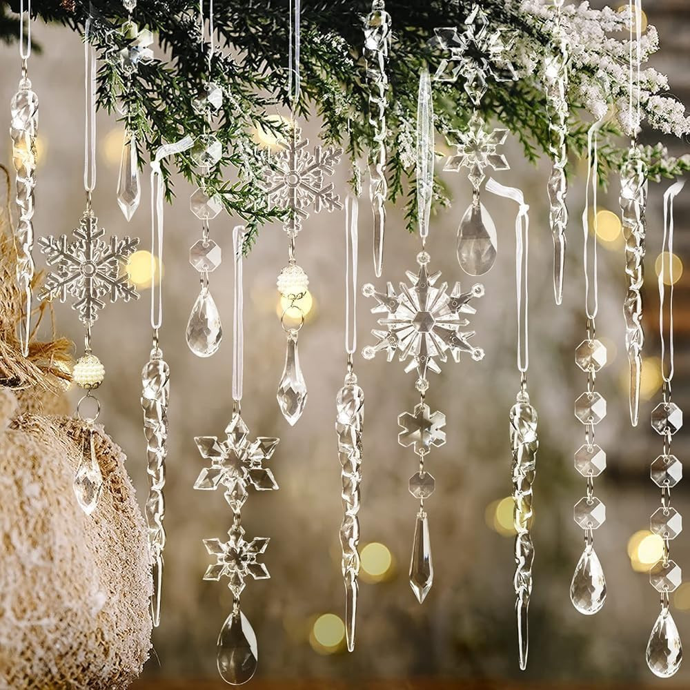 Crystal Christmas Tree Ornaments, Clear Acrylic Snowflake & Icicle, 32pcs | Amazon (US)