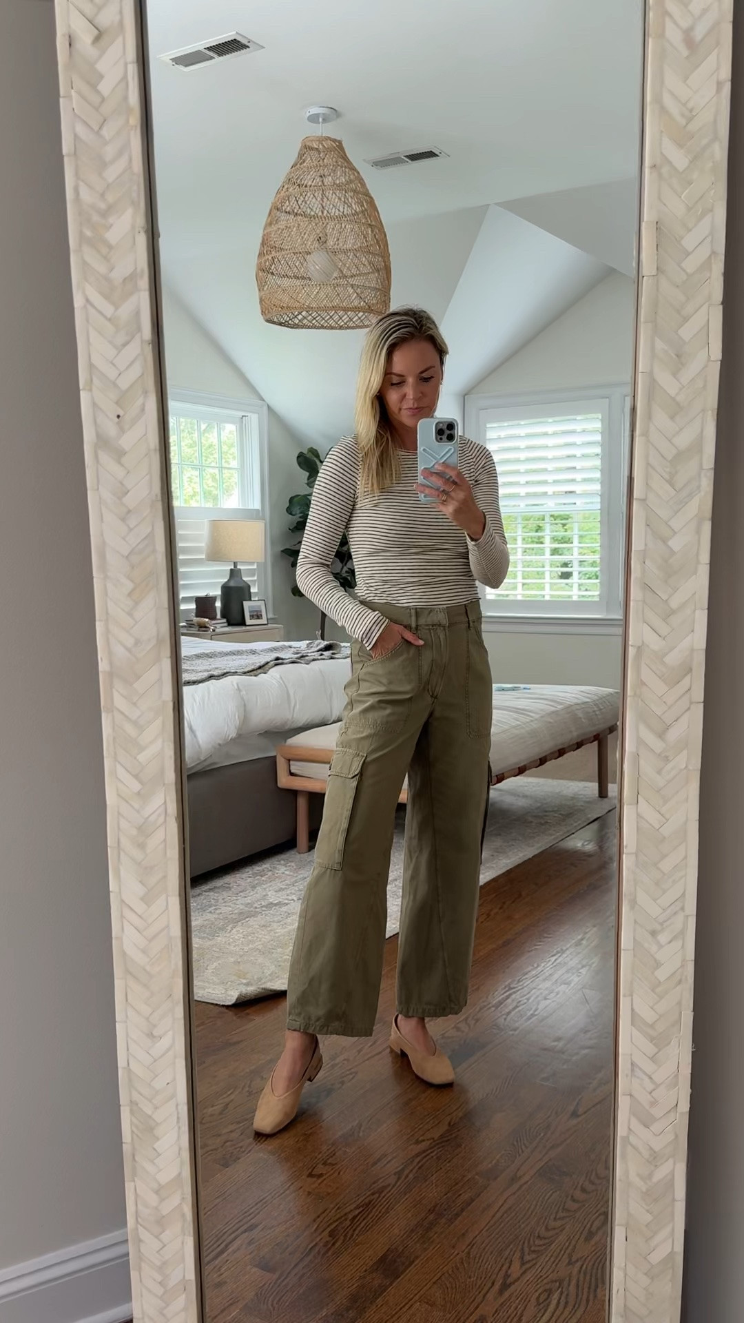 New fall finds at Anthro! 
-small top,tts. The website doesn’t show it, but the top comes with a tank layered on top. I cute mine off to have 2 separate tops 
-olive green barrel jeans - I sized up 1 to a 27. I’m 5’5 for reference 
-ballet flats fit tts and comfy! I bought 2 colors