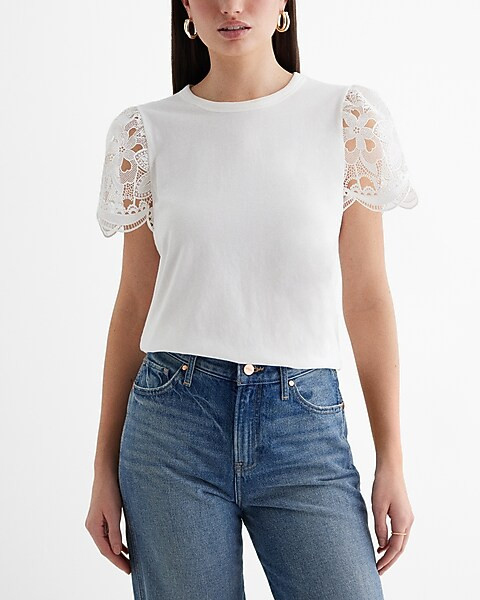 Skimming Crew Neck Eyelet Sleeve Tee | Express