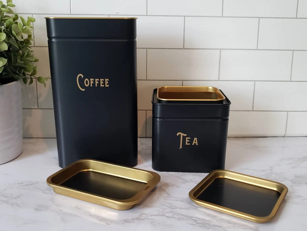 Coffee and Tea Canisters, Black and Gold, Coffee Bar, Coffee Storage, Tea Storage, Kitchen Decor,... | Etsy (US)