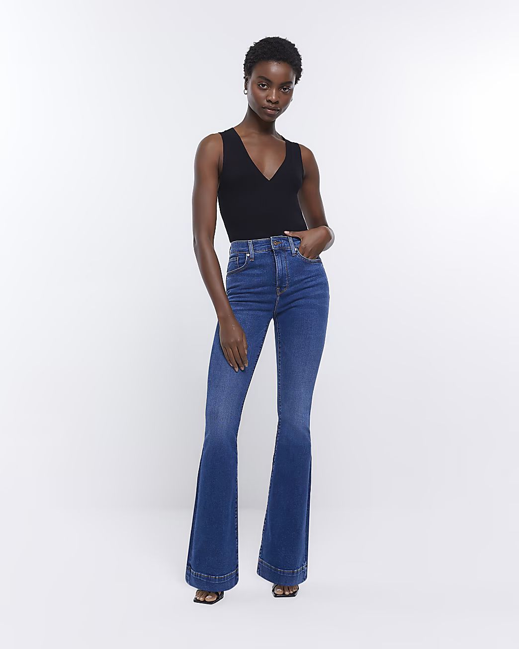 Blue high waisted tummy hold flare jeans | River Island (UK & IE)