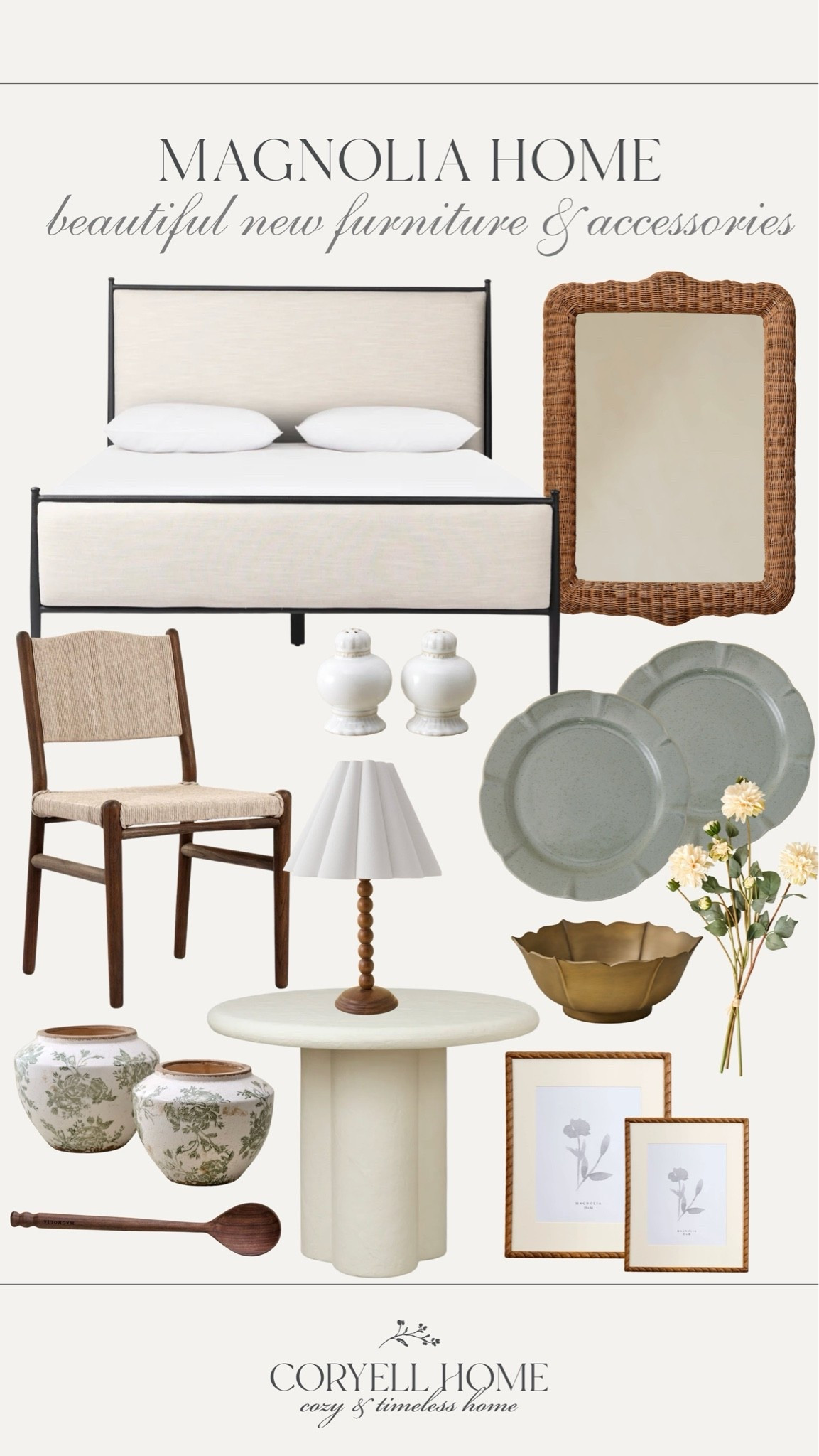 Magnolia Home furniture and decor favorites 🤎 I love these summer finds from Magnolia for our cozy, neutral, transitional home. This upholstered bed and woven mirror are two of my all-time favorites. 😍