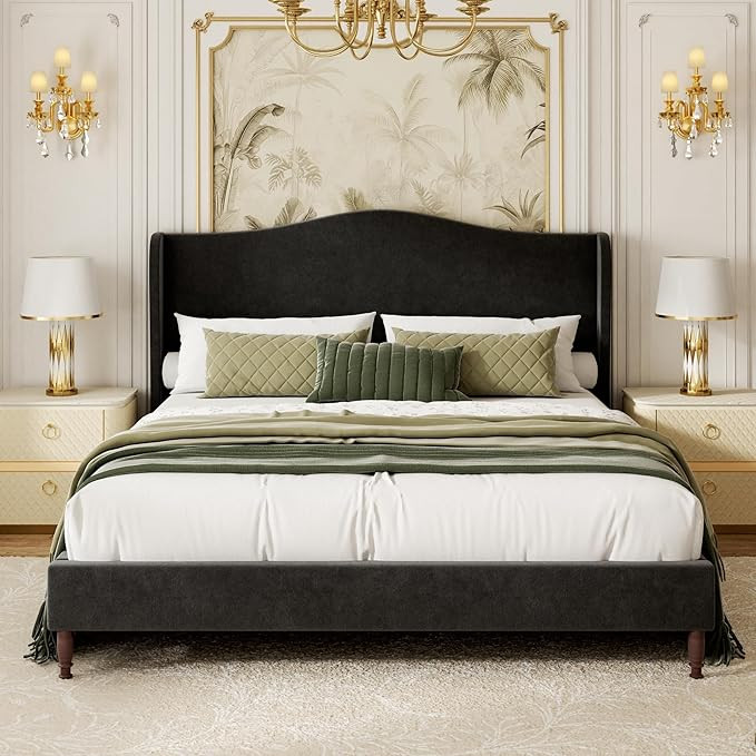 Queen Size Upholstered Platform Bed Frame, 51" Tall Chenille Fabric Headboard with Classic Curved... | Amazon (US)