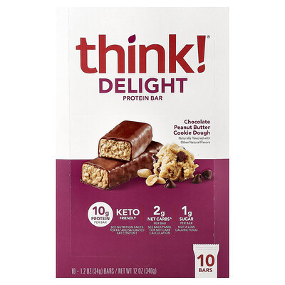 Think !, Delight Protein Bar, Chocolate Peanut Butter Cookie Dough, 10 Bars, 1.2 oz (34 g) Each | iHerb