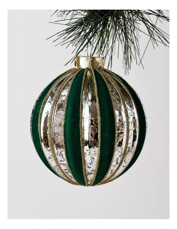 Heirloom Christmas Glass Mercurised Striped Bauble withFlocking 8cm in Green | Myer