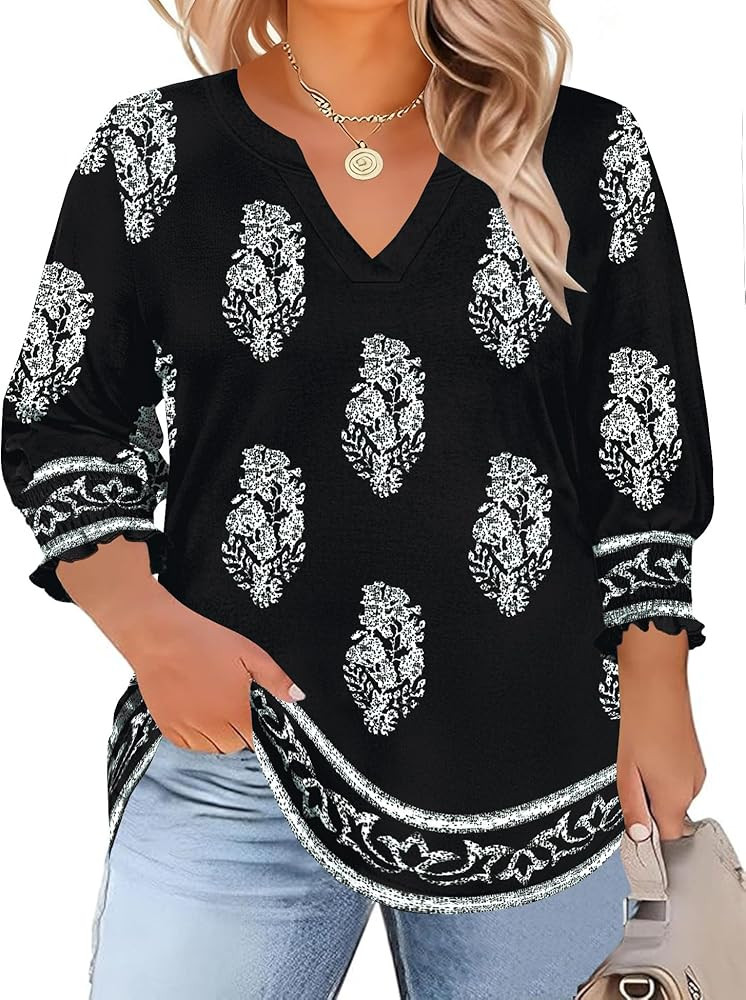 TFSDOD Womens Plus Size Tops 3/4 Sleeve Blouses Summer V Neck Shirts Smocked Cuffs Spring Outfits... | Amazon (US)