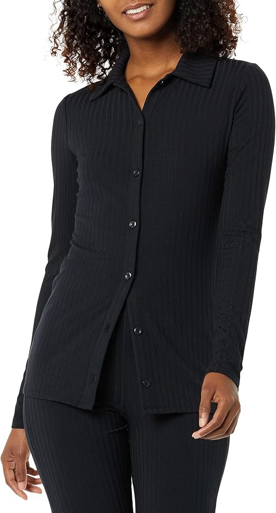 Amazon.com: Amazon Essentials Women's Wide Rib Long Sleeve Button-up Collared Cardigan (Pants Sol... | Amazon (US)