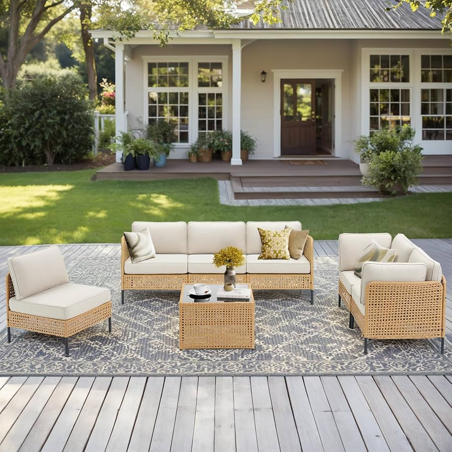 7 Piece Outdoor Patio Furniture Set, Oversize Outdoor Sectional Furniture, Rattan Chairs Glass Ta... | Amazon (US)