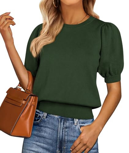 PRETTYGARDEN Womens Tops Spring 2026 Summer Puff Short Sleeve Sweater Crewneck Knit Work Blouses Dressy Casual Trendy Shirts(Army Green,Small) | Amazon (US)
