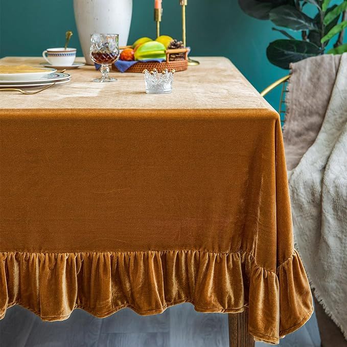 GLORY SEASON Velvet Tablecloth Luxurious Solid Rectangle Table Cloth,Oblong Retro Farmhouse Ruffl... | Amazon (US)