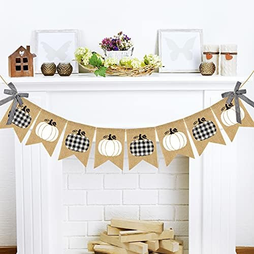 Doumeny Plaid Pumpkin Burlap Banner Buffalo Check Fall Banner Jute White Pumpkins Bunting Garland... | Amazon (US)