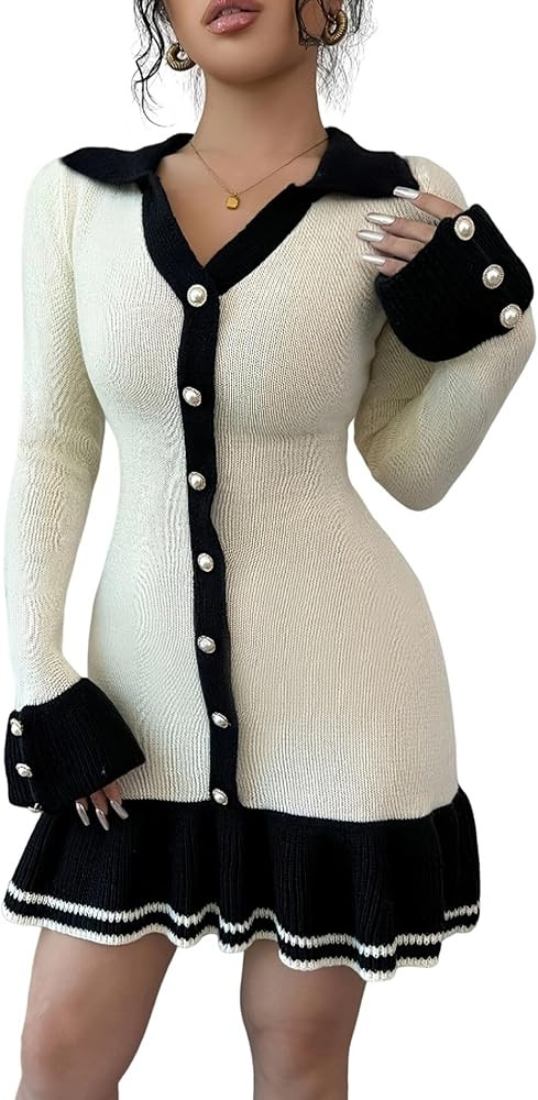 2025 Women Mini Sweater Dress Long Bell Sleeve V Neck Button Fall Winter Elegant Ruffle Bodycon Y... | Amazon (US)