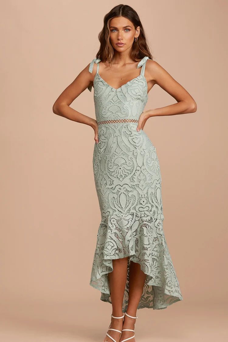 Won Your Heart Sage Green Lace Tie-Strap High-Low Midi Dress | Lulus