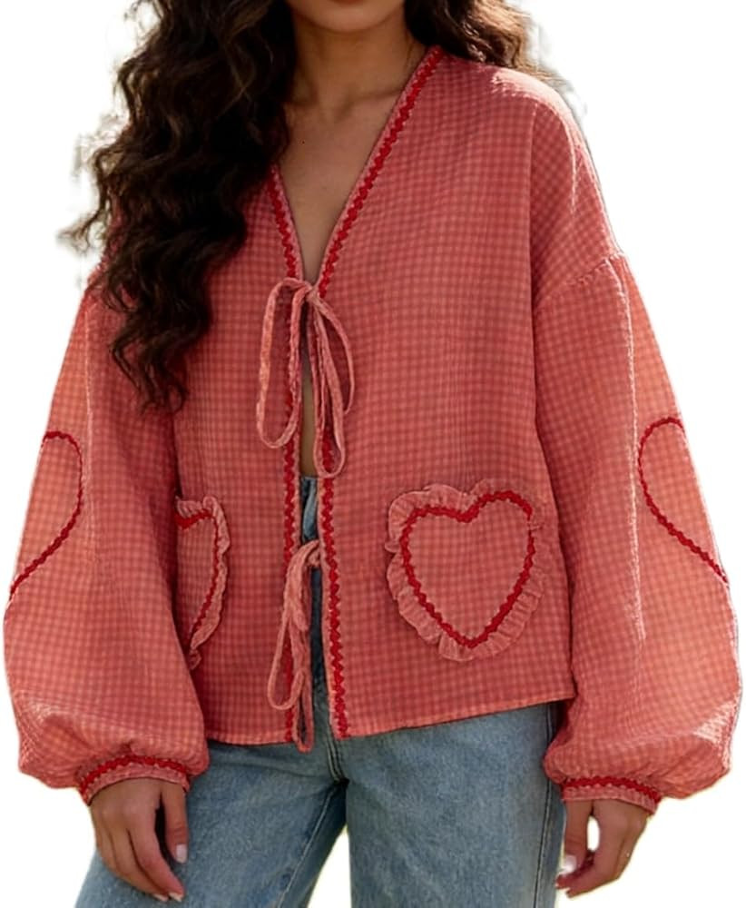Women Cute Bow Tie Front Shirts Long Puff Sleeve Heart Embroidery Plaid Babydoll Tops Aesthetic S... | Amazon (US)