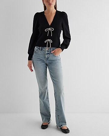 Embellished Bow Cardigan + Light Wash Pieced Hem Bootcut Jeans | Express