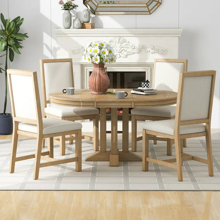 5 Piece Round Dining Table Set, Dining Room Set with Extendable Table and 4 Upholstered Chairs, W... | Walmart (US)