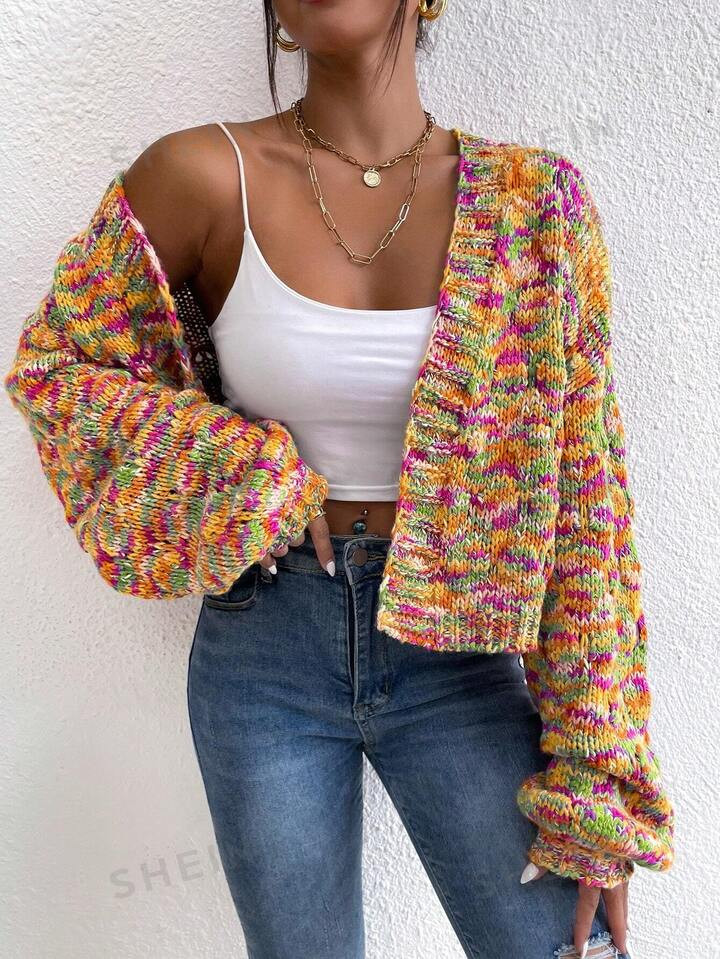 SHEIN Frenchy Women's Multicolor Yarn Holiday Party Cardigan With Open Front | SHEIN