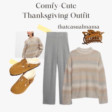 Comfy cute Thanksgiving outfit. striped sweater, rib-knit pants, shearling clogs, claw clip. #thanksgiving #thanksgivingoutfit #businesscasual #workwear #officeoutfit #teacheroutfit #friendsgiving 

#LTKGiftGuide #LTKHolidaySale #LTKHoliday