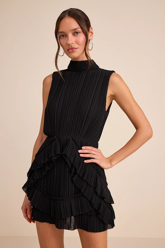 Alvana Black Plisse Mock Neck Ruffled Mini Dress | little black dress  | Lulus