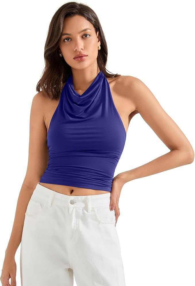 SUUKSESS Women Halter Backless Tank Tops Sexy Cowl Neck Summer Going Out Cami Tops | Amazon (US)