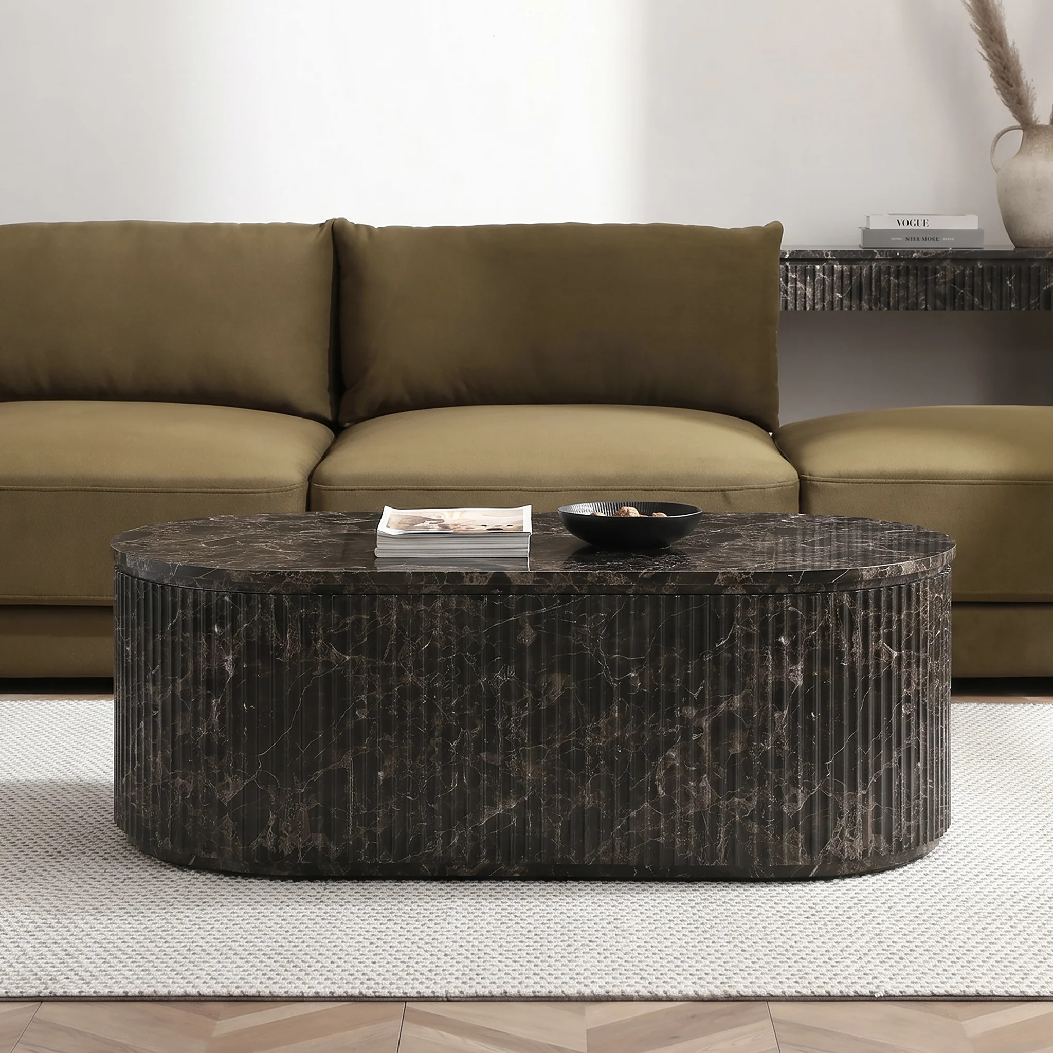 Mackenzie Modern Oval Travertine Coffee Table With Fluted Ribbed Sides - Faux Marble Beige Stone Top, Textured Sculptural Base, Minimalist Living Room | Wayfair North America