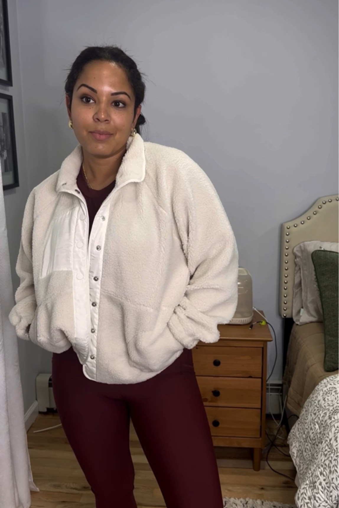 Sherpa fleece jacket comes with pockets and would size up for an overdue fit 

#LTKFindsUnder50 #LTKStyleTip