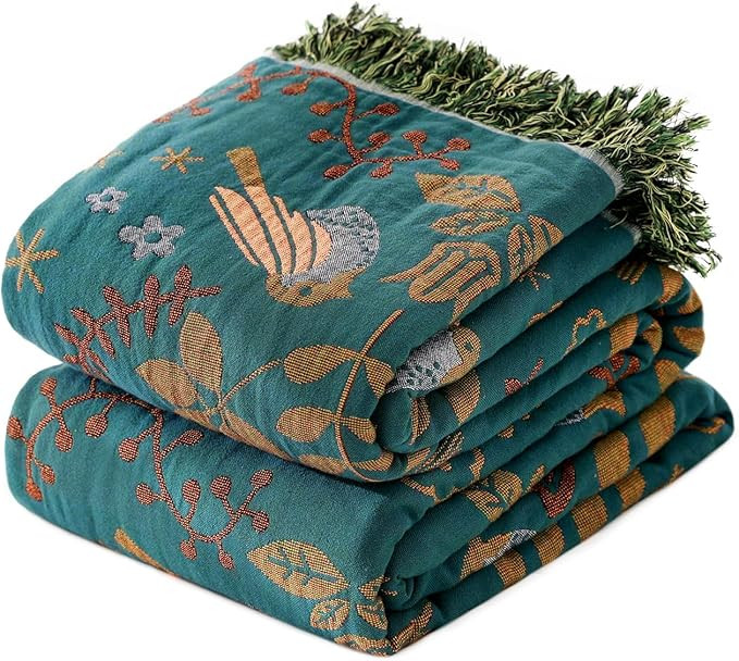 Boho Throw Blanket for Couch 100% Cotton Ultra Soft Rustic Quilt Birds and Floral Double Embroide... | Amazon (US)