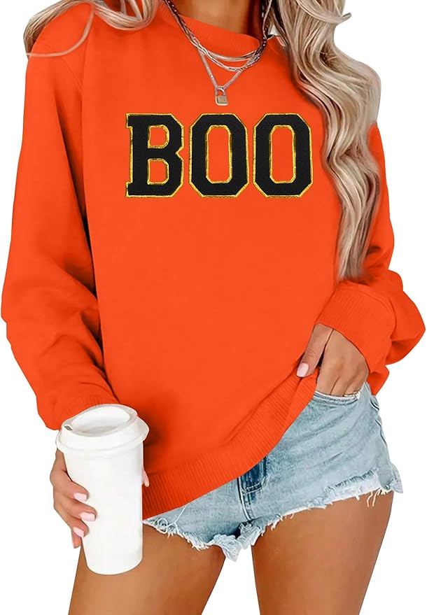 Halloween Sweatshirt for Women Cute BOO Graphic Shirt Crewneck Embroidered Ghost Pullover Sweater... | Amazon (US)