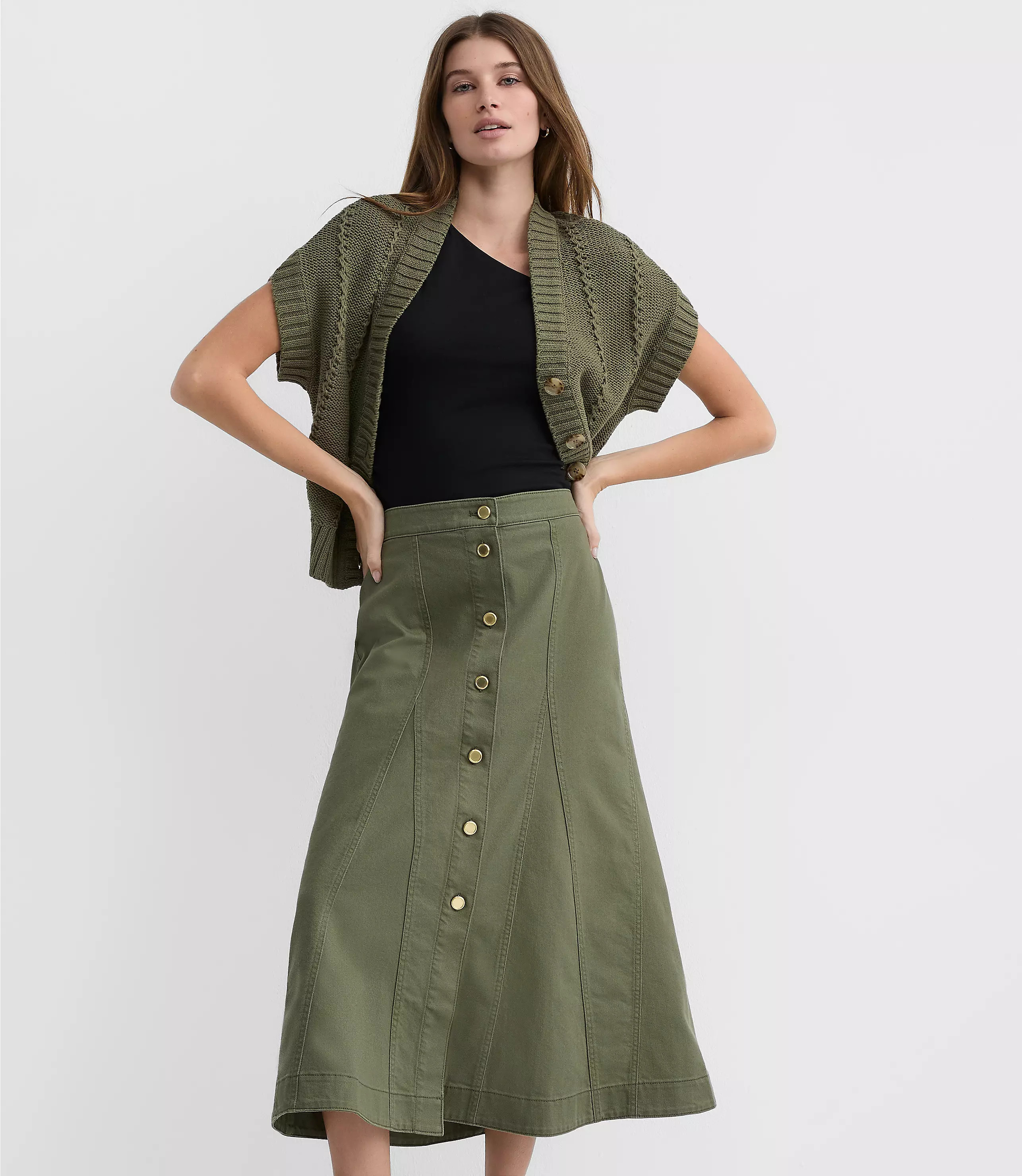 Twill Godet Button Midi Skirt | LOFT