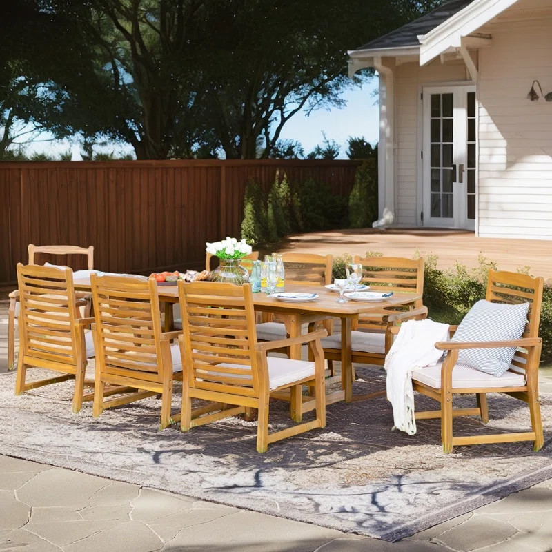 Susa 8 - Person Acacia Wood Patio Dining Set with Extendable Rectangular Table , Cushions Include... | Wayfair North America