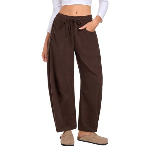 ALSOGO Womens Corduroy Barrel Pants Drawstring Elastic Waist Mid-Rise Wide Leg Baggy Trouser with... | Amazon (US)