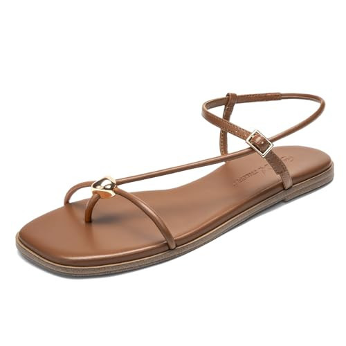 Athlefit Strappy Flat Sandals for Women Brown Square Open Toe Comfortable Ankle Strap Summer Thong Flip Flop Sandals Brown Size 6 | Amazon (US)