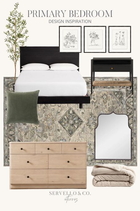 Primary bedroom design, master bedroom decor, black bed frame, green throw pillow, flower artwork, oak dresser, antique mirror, linen duvet, faux olive tree, black nightstands 

#LTKstyletip #LTKhome #LTKfamily