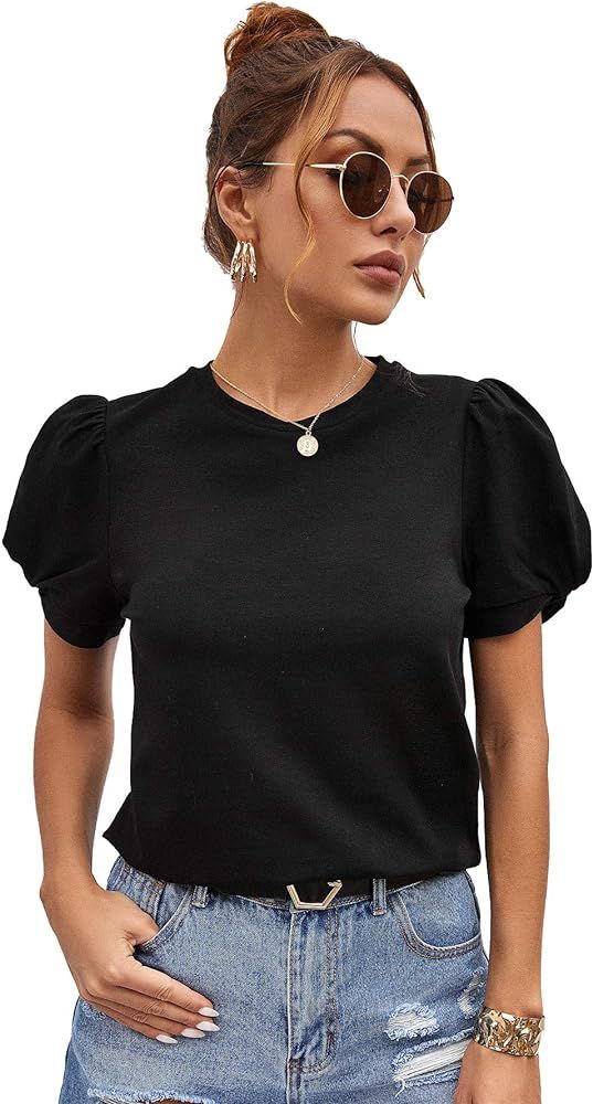 SweatyRocks Women's Summer Short Puff Sleeve Tee Top Round Neck T-Shirt | Amazon (US)