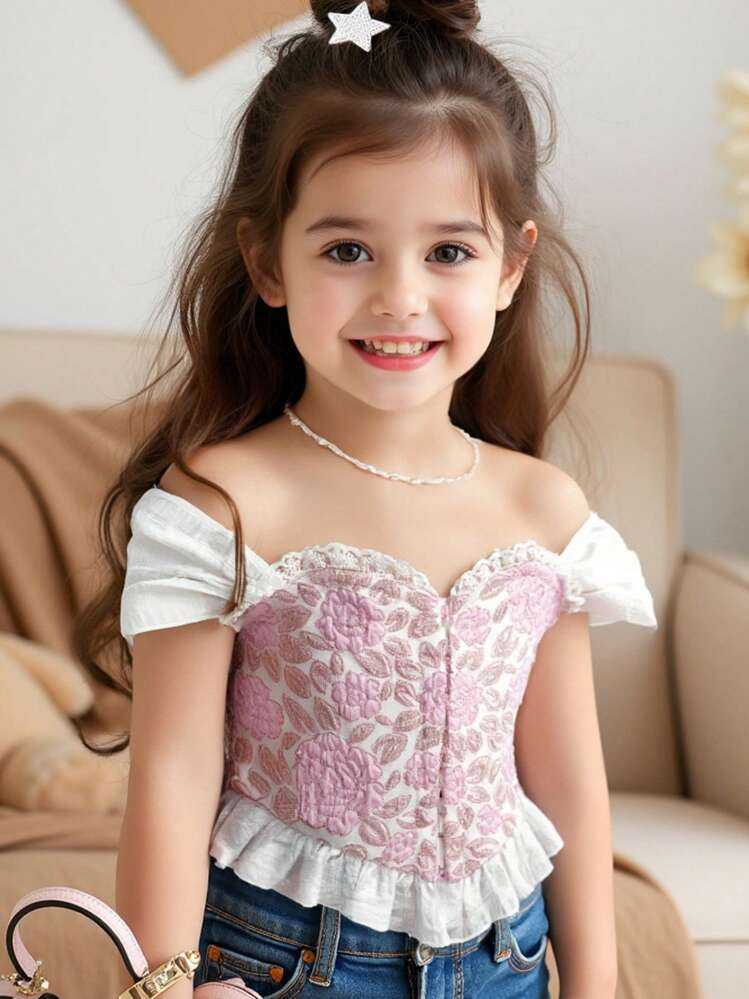 Young Girl's Elegant Jacquard Off Shoulder  | SHEIN
