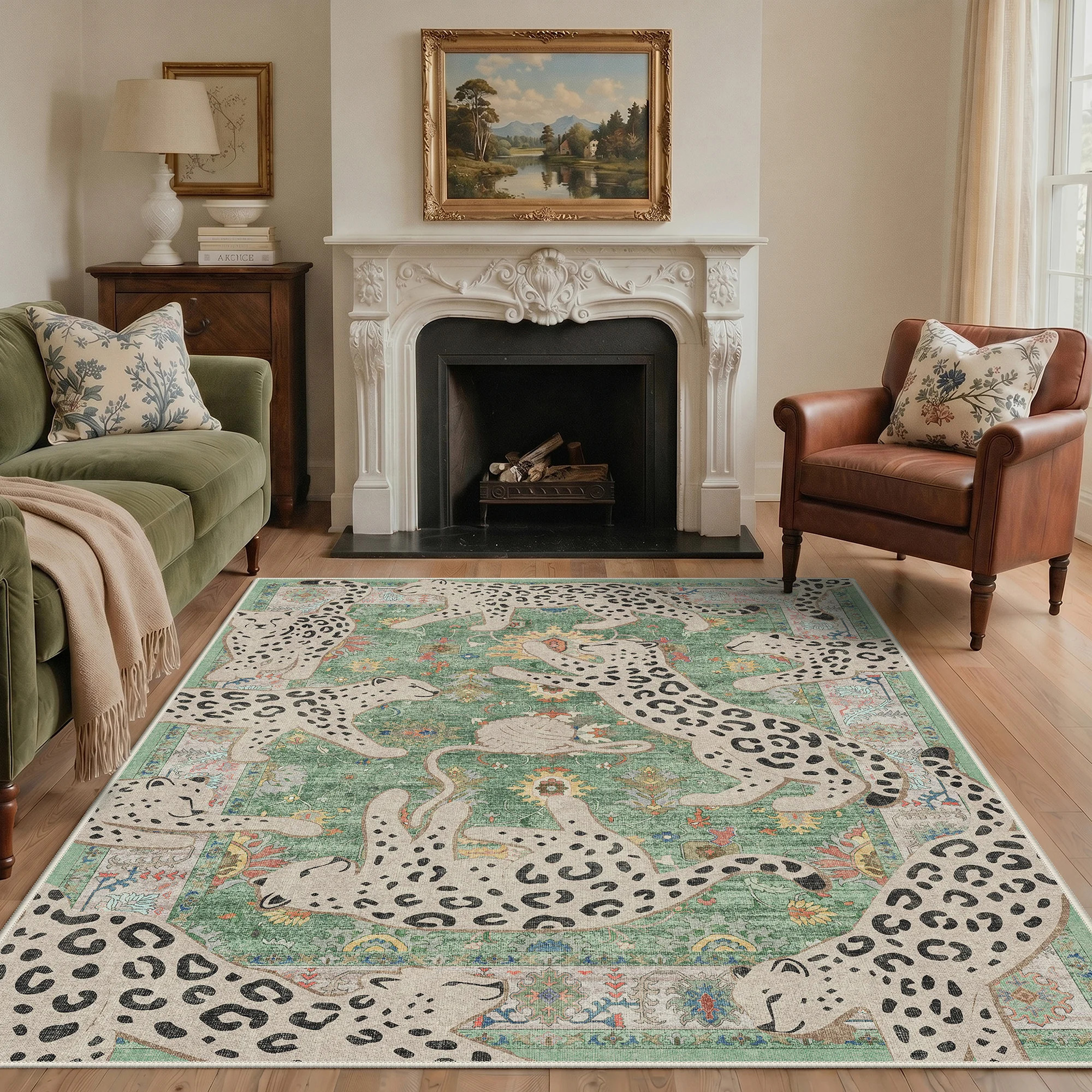 Lynx Animal Print Machine Washable Spotted Leopard / Sage Indoor Area Rug With Non-Slip Backing | Wayfair North America