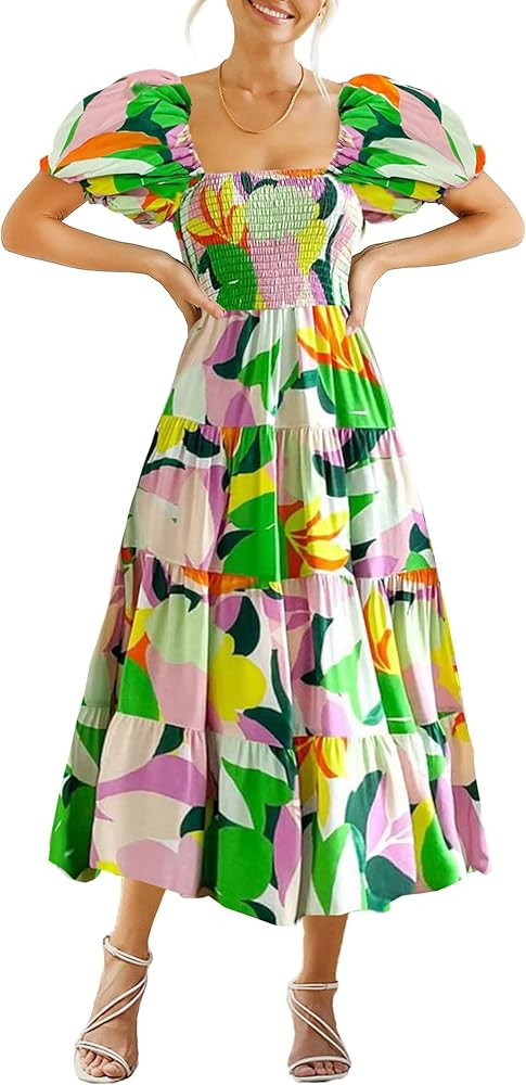 GOLDSTITCH Women's Smocked Maxi Dress Square Neck Ruffle Hem Puffy Short Sleeve Flowy Midi Dress | Amazon (US)