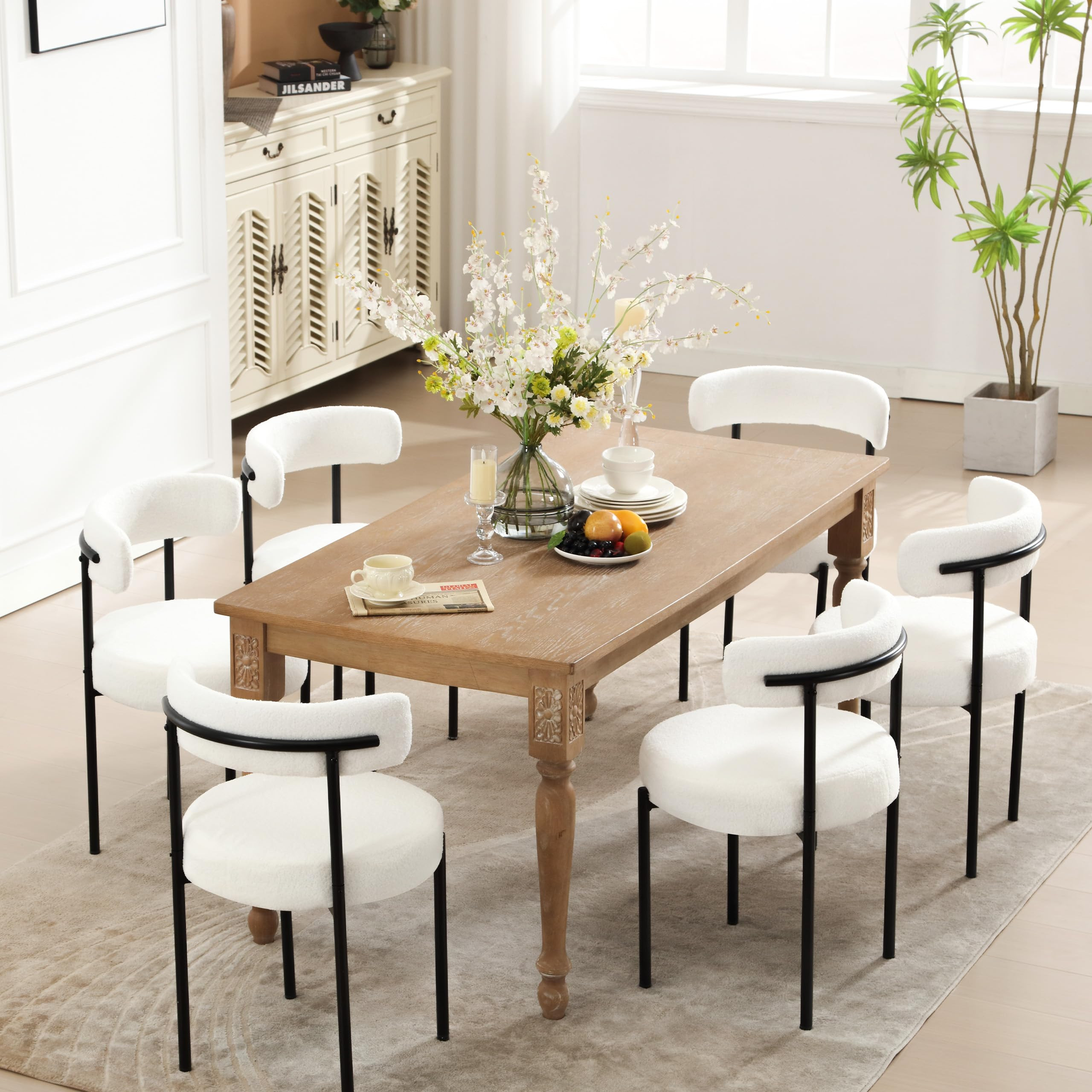 Boucle Dining Chairs Set of 6, Upholstered Dining Chair with Curved Backrest, Round Thicken Dinin... | Amazon (US)