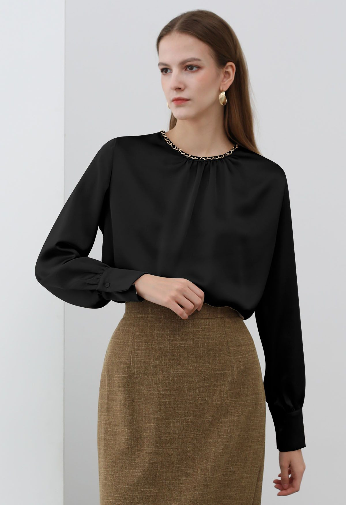 Tailored Chain Neck Satin Top in Black | Chicwish