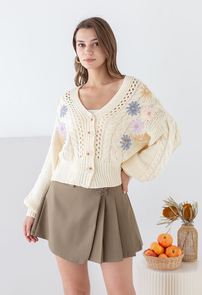 Stitched Flowers Braided Hand Knit Cardigan in Cream | Chicwish