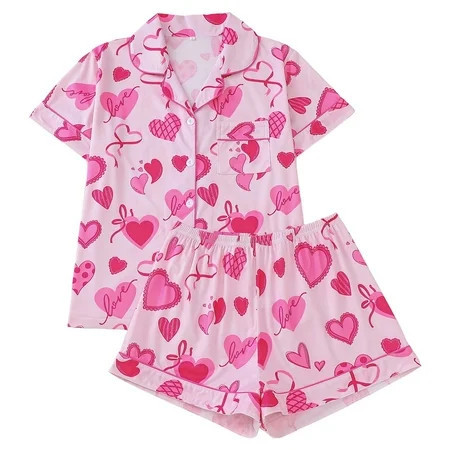 JIKNTTR Womens Short Sleeve Pajamas Valentine s Day Heart Print Pajama Sets Button Down Sleepwear Comfortable Loungewear Outfits Ladies Soft Loungewear | Walmart (US)