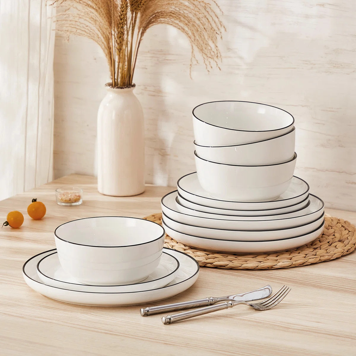 12-Piece White Ceramic With Black Rims Dinnerware Set - Modern Style Tableware Service For 4, Inc... | Wayfair North America