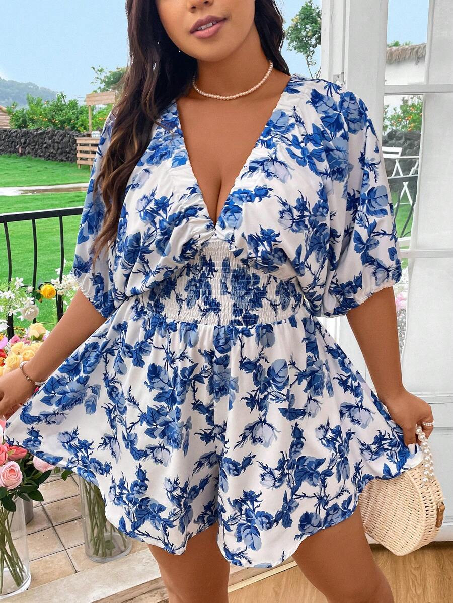 Sunnyshic Plus Size Boho Deep V-Neck Floral Printed Romper, Summer Vacation Style | SHEIN