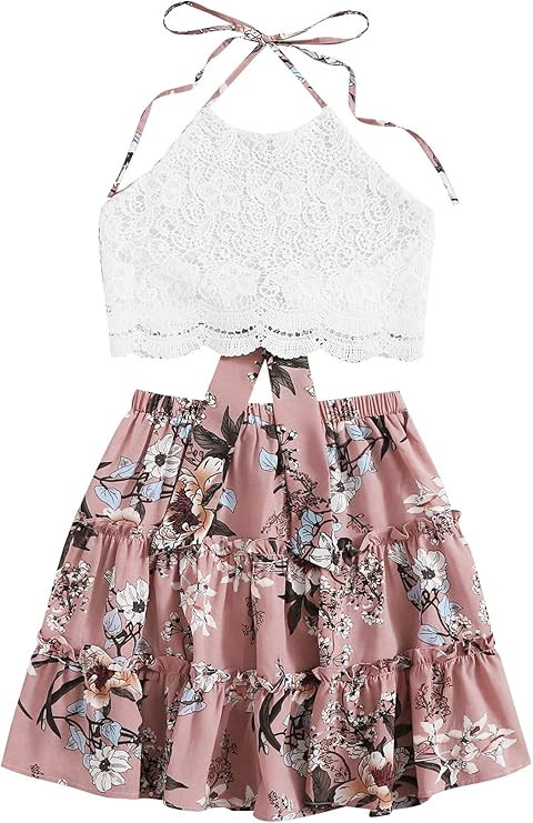 LYANER Women's 2 Piece Outfits Summer Lace Halter Cami Crop Top with Floral Mini Skirt Set | Amazon (US)