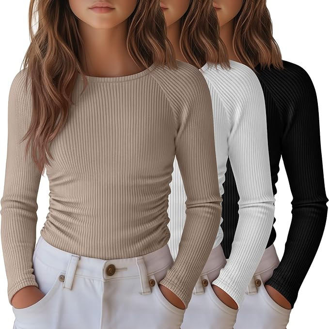 3 Pack Girls Long Sleeve Shirts Ribbed Knit Draw Pleats Tops Slim Fit Crew Neck Cotton Undershirt... | Amazon (US)